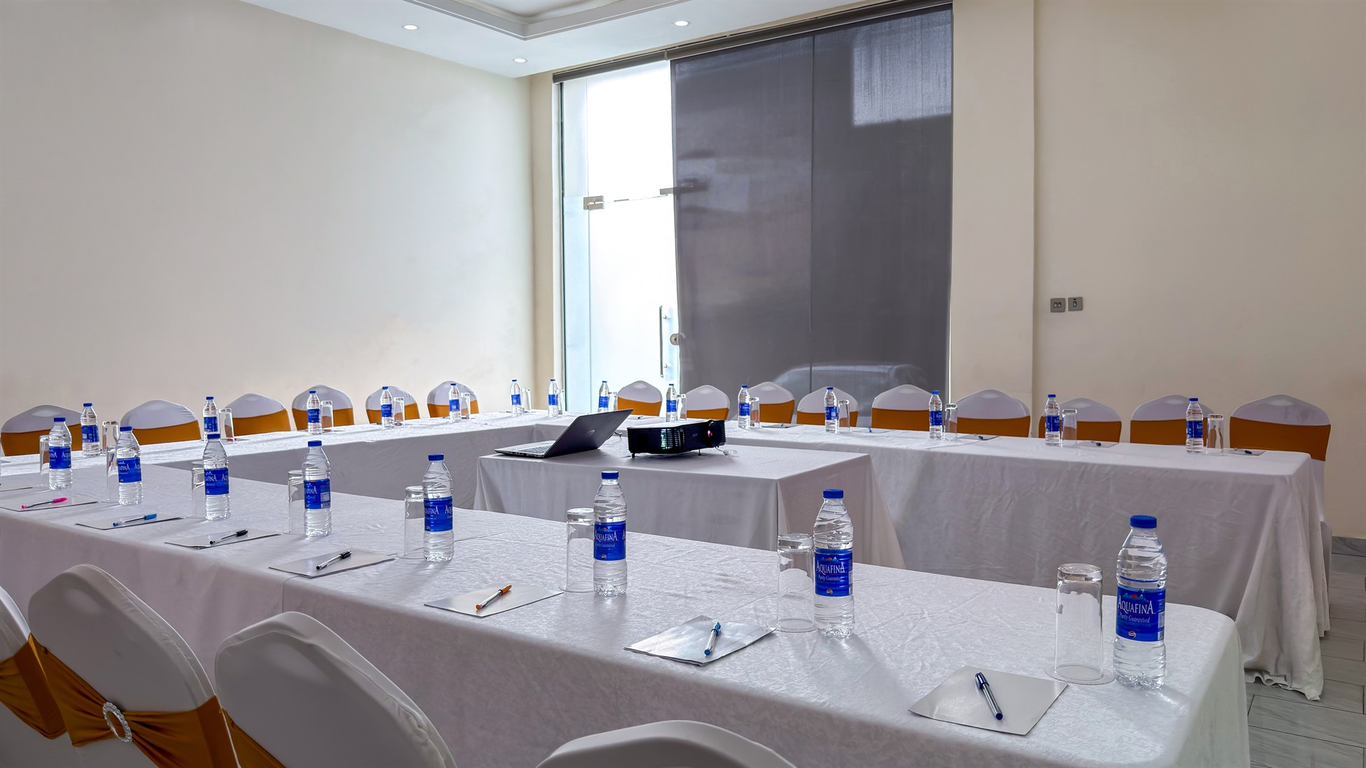 A meeting room set for a working session